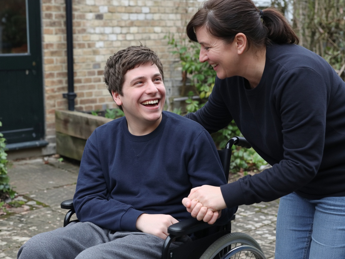 Young adult and carer smiling together